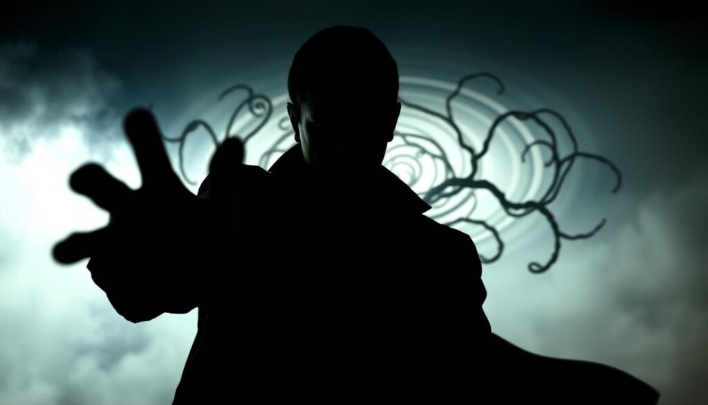 A shadowy figure casting a looming silhouette, surrounded by a vortex of swirling traits - deception, manipulation, cunning, and charm. The foreground is a striking, chiaroscuro-style portrait, with dramatic lighting accentuating sharp features and a piercing gaze. In the middle ground, tendrils of influence coil and twist, representing the Machiavellian ability to sway and control. The background is a hazy, atmospheric realm, hinting at the complex web of social dynamics and power structures. The overall mood is one of unease, intrigue, and the unsettling power of those who wield Machiavellian traits to their advantage.