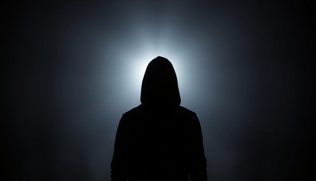 A shadowy figure stands in the foreground, their face obscured by deep shadows. In the middle ground, a bright light shines, casting stark contrasts and sharp edges. The background is a hazy, indistinct void, emphasizing the focal point of the image. The lighting is dramatic, creating a sense of mystery and tension. The overall mood is one of manipulation and psychological impact, reflecting the dark psychology of contrast and how it shapes our perceptions.