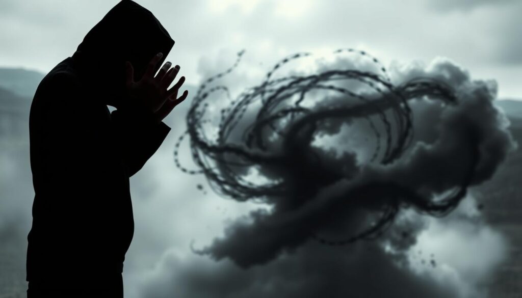 A shadowy figure stands in the foreground, their face obscured, hands grasping at the air as if clawing at their victim's reputation. In the middle ground, a swirling maelstrom of whispers, lies, and innuendo, painted in shades of grey and black, envelops their target. The background is a blurred, ominous landscape, hinting at the far-reaching consequences of this calculated smear campaign. Dramatic lighting casts deep shadows, conveying the sense of an underhanded, sinister plot unfolding. The overall atmosphere is one of unease, vulnerability, and the erosion of trust.