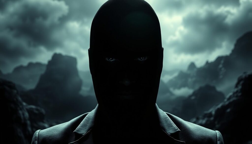 A shadowy figure, their face obscured, stands resolute amidst a turbulent backdrop. Piercing eyes convey a sense of calculated indifference, hinting at a predatory nature lurking beneath the surface. The lighting is dramatic, casting stark contrasts that emphasize the individual's unwavering composure. The environment is a surreal, almost oppressive landscape, evoking a mood of power and control. A slight smirk plays on the lips, suggesting a detached, Machiavellian perspective on the world. This is the embodiment of the Dark Triad mindset - a fusion of narcissism, Machiavellianism, and psychopathy, manifested in a commanding, yet unsettling presence.