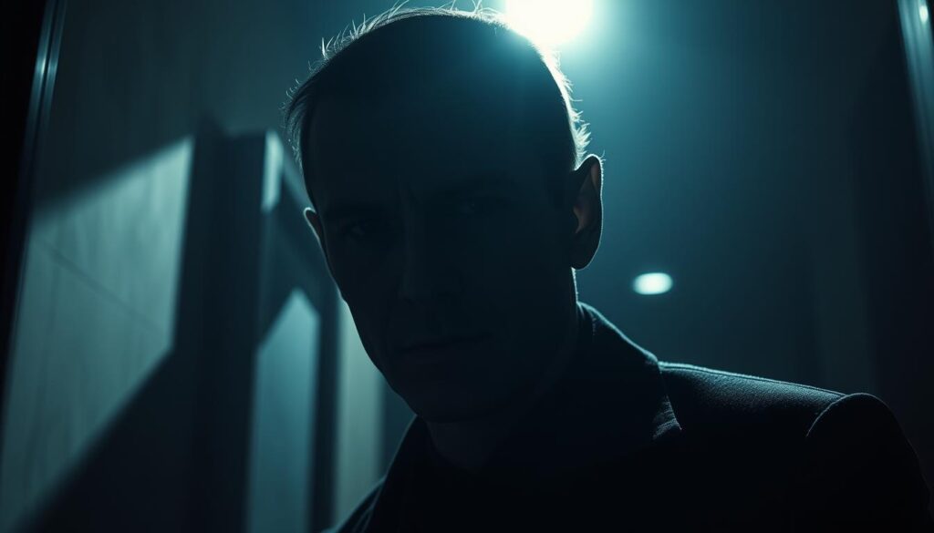 A shadowy figure with a calculating gaze and a subtle, enigmatic smile, standing in a dimly lit room with a sense of subtle menace. The lighting is dramatic, with dramatic chiaroscuro effects casting deep shadows across their features, highlighting their sharp, angular facial structure. The background is muted and indistinct, placing the focus entirely on the subject's intense, penetrating eyes and their aura of controlled manipulation. The overall atmosphere is one of quiet, unsettling power and a sense of underlying deceit.