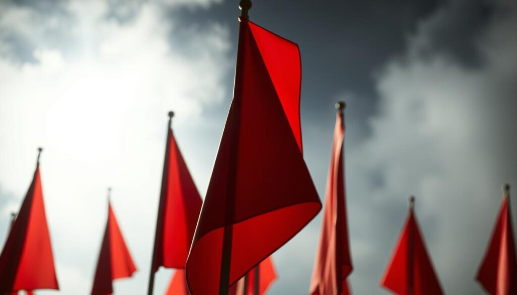 A sharply focused close-up of several glaring red flags, each one appearing to be a physical object like a warning signal or caution sign. The flags are arranged in the foreground, casting long, dramatic shadows that stretch across the frame. The background is blurred and hazy, creating a sense of unease and uncertainty. The lighting is dramatic, with strong contrasts and deep shadows, evoking a sense of danger and unease. The overall composition conveys a strong sense of warning, alerting the viewer to potential risks or warning signs.