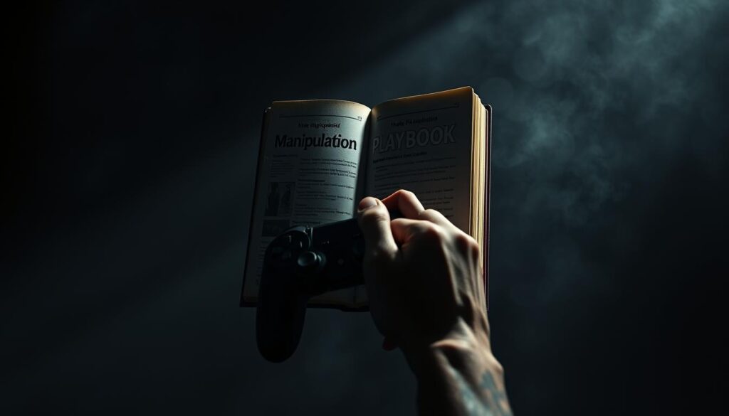 A sinister manipulation playbook floating in an ominous, shadowy void. In the foreground, a distorted hand grips a controller, symbolizing the narcissist's attempts to seize control. Shifting, unsettling textures and glitches in the background evoke the deceptive, chaotic nature of their tactics. Dramatic chiaroscuro lighting casts dramatic shadows, creating an atmosphere of unease and psychological tension. The scene is rendered with a dark, moody aesthetic, reflecting the manipulative and exploitative nature of the narcissist's "playbook".