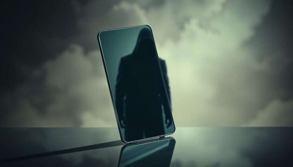 A sleek, reflective glass surface with a distorted, warped view of a shadowy figure looming behind it, symbolizing the manipulative power of an anchoring bias. The surface is positioned at a slight angle, casting a sense of imbalance and instability. The lighting is dramatic, with high contrast and strong directional shadows, heightening the sense of tension and unease. The background is a muted, hazy palette, keeping the focus on the central glass surface and the unseen figure beyond it. The overall composition conveys the idea of a manipulator's tool, where a seemingly innocuous object masks a deeper, more sinister influence.