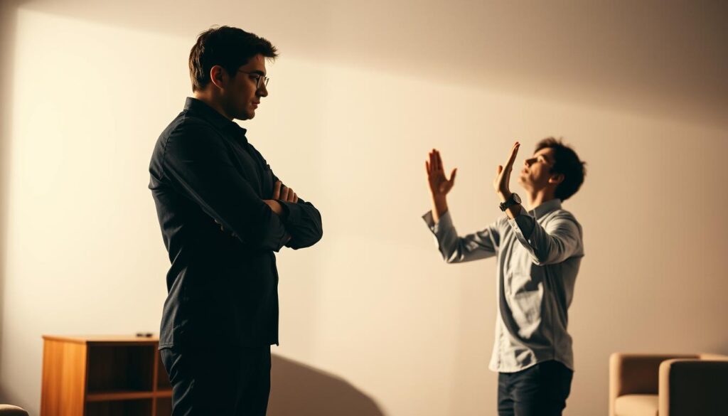 A softly lit scene of two figures facing each other, engaged in a silent standoff. The foreground features a person standing with arms crossed, their gaze unwavering and posture firm, establishing clear personal boundaries. In the middle ground, the opposing figure leans back, hands raised in a gesture of surrender, their body language conveying a reluctant submission. The background is a minimalist setting, perhaps a sparse office or living room, emphasizing the tension between the two. Muted colors and subtle shadows create an atmosphere of unease and restrained power dynamics. The lighting is warm and directional, casting dramatic shadows that accentuate the body language and facial expressions of the protagonists.