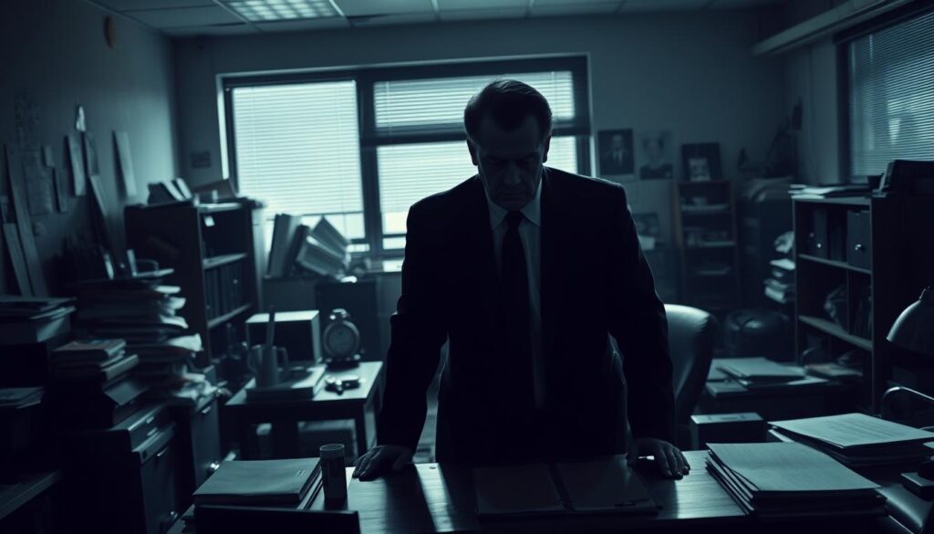 A somber office scene, the workspace appears cluttered and disorganized. In the foreground, an ominous figure looms over a desk, casting a long, foreboding shadow. The boss's expression is stern, their body language radiating an air of control and manipulation. The lighting is harsh, creating deep shadows that obscure their face, adding an unsettling atmosphere. In the background, a sense of unease permeates the environment, with subtle details hinting at a toxic and oppressive work culture. The overall composition conveys a palpable tension, capturing the essence of a manipulative boss exerting their influence over subordinates.