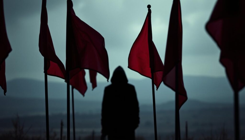 A somber scene of red flags swaying silently in an eerie, dimly lit atmosphere. In the foreground, the flags stand tall and rigid, their fabric rustling gently, conveying a sense of unease and impending danger. The middle ground features a shadowy, indistinct figure, their face obscured, representing the manipulator wielding the silent treatment. In the background, a blurred, monochromatic landscape suggests a sense of isolation and control. The lighting is soft and muted, creating a haunting, chiaroscuro effect that heightens the sense of tension and foreboding. The overall composition evokes the subtle, yet powerful, way manipulators use silence to dominate and intimidate their targets.