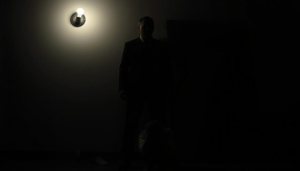 A stark, shadowy room illuminated by a single, flickering light bulb. In the foreground, a figure stands tall, casting an imposing shadow on the wall behind them. Their face is obscured, but their posture exudes a sense of control and dominance. In the middle ground, a smaller figure cowers, their body language conveying fear and submission. The background is shrouded in darkness, emphasizing the power imbalance and the oppressive atmosphere. The scene is captured with a low-angle lens, adding to the sense of the larger figure's authority. The lighting is harsh, creating deep shadows and highlighting the contrast between the two figures, symbolizing the imbalance of power and the engine of manipulation.