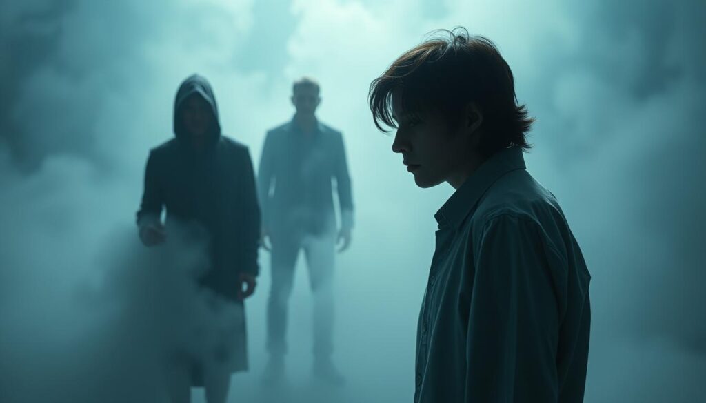A surreal and unsettling scene depicts "reverse-DARVO strategies" - a person in the foreground manipulatively playing the victim, surrounded by a hazy, dreamlike environment. The figure's body language and expression convey a sense of detached empathy, masking underlying duplicity. In the middle ground, shadowy figures appear to be triangulating the situation, observing the deception unfold. The background is hazy, with a cool, muted color palette, creating an atmosphere of unease and emotional distance. Dramatic lighting casts sharp contrasts, emphasizing the theatrical nature of the manipulation. The overall tone is one of psychological tension and the subtle, insidious nature of this relational tactic.