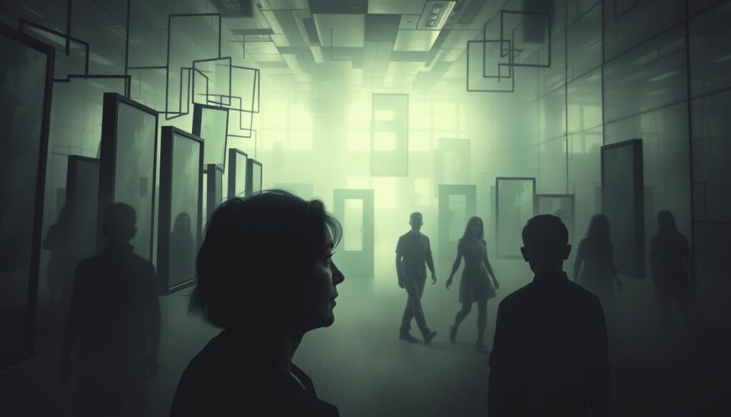 A surreal and unsettling scene unfolds. In the foreground, a figure appears to gaze inwards, their expression betraying a sense of disquiet. Surrounding them, a collage of distorted mirrors and shadowy shapes twist and distort reality, creating a sense of disorientation and psychological unease. The middle ground is shrouded in a hazy, dreamlike atmosphere, while the background is dominated by a maze-like structure, hinting at the complexities and labyrinthine nature of the "paradoxical defenses" at work. Soft, diffused lighting casts an eerie, unsettling glow, heightening the sense of unease and manipulation. The overall composition conveys a feeling of being trapped within a web of deception and gaslighting, where the boundaries between truth and illusion are blurred.