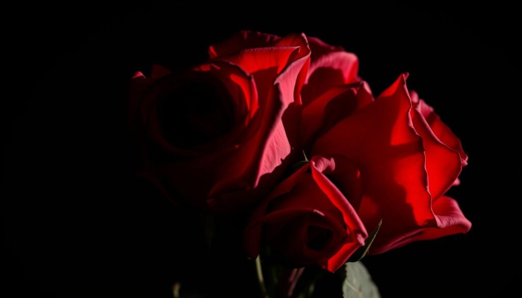 A surreal, high-contrast close-up of intertwined red roses with thorns, symbolizing the hidden dangers of love bombing. The roses appear to glow against a dark, somber background, casting dramatic shadows. The composition is tightly framed, drawing the viewer's attention to the details of the thorns and the intensity of the red petals. The lighting is dramatic, with harsh shadows and highlights accentuating the ominous nature of the scene. The mood is one of foreboding and unease, hinting at the manipulation and control underlying the deceptive displays of affection.
