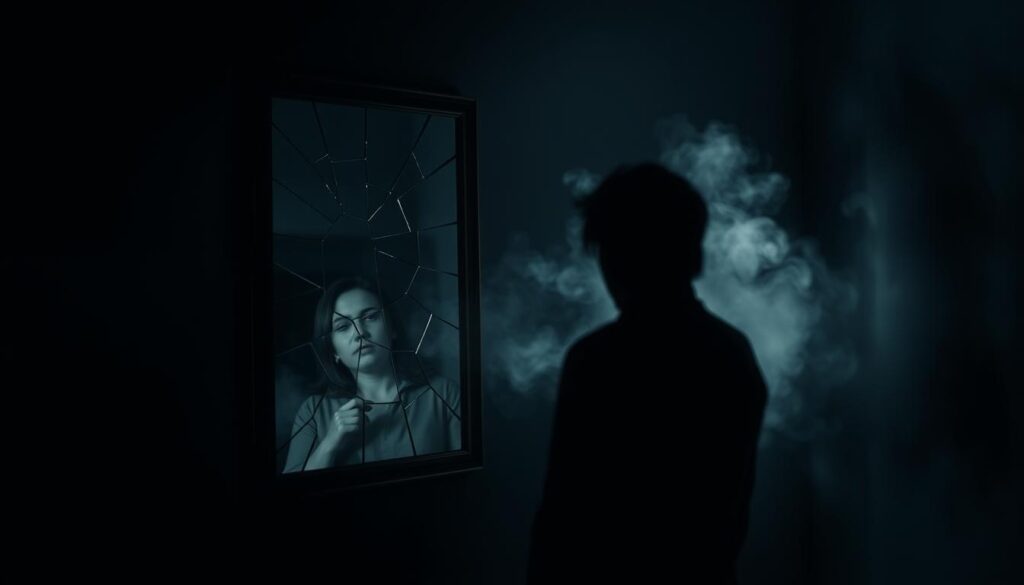 A surreal, unsettling scene of psychological manipulation. In the foreground, a shadowy figure stands, their features obscured, casting a distorted reflection onto a cracked, distorting mirror. The mirror's surface warps and bends, warping the viewer's perception of reality. In the middle ground, wisps of smoke or fog swirl, creating an atmosphere of confusion and uncertainty. The background is a dimly lit, abstract space, with hints of disjointed shapes and patterns that further disorient the viewer. Dramatic chiaroscuro lighting casts dramatic shadows, adding to the sense of unease and the feeling that something is not quite right. The overall mood is one of subtle, sinister psychological control, where the manipulator subtly distorts the victim's sense of self and reality.