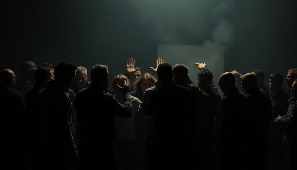 A tense and charged group dynamic unfolds in a dimly lit, shadowy scene. In the foreground, figures stand in rigid postures, their body language conveying an air of confrontation and unease. The middle ground is filled with a swirling, chaotic energy, as individuals appear to be gesturing emphatically, their faces contorted with intensity. In the background, a hazy, indistinct crowd looms, their individual features obscured, creating a sense of faceless, overwhelming mass. The lighting is dramatic, with harsh shadows and high contrast, lending an ominous and foreboding atmosphere to the scene. The composition is tightly framed, drawing the viewer's attention to the tension and power dynamics at play.