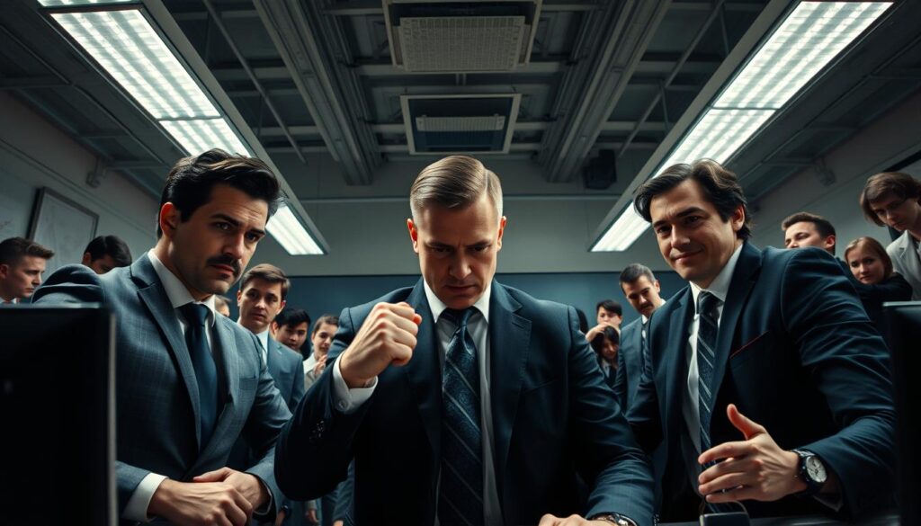 A tense, competitive workspace filled with sharp-eyed professionals locked in a silent power struggle. At the center, three individuals embody the dark triad - a narcissist posturing aggressively, a Machiavellian manipulator calculating their next move, and a callous psychopath feigning charm. Bright overhead lighting casts dramatic shadows, creating an atmosphere of unease and hidden motives. The scene is captured through a wide-angle lens, emphasizing the sense of confrontation and the characters' uneasy proximity. Subtle details like tense body language, narrowed eyes, and forced smiles convey the toxic dynamics at play, a microcosm of the ruthless social arena.
