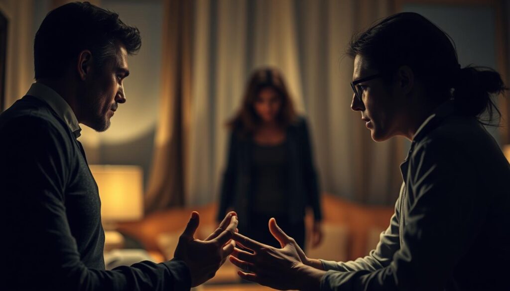 A tense, confrontational scene. In the foreground, two figures locked in a heated exchange, their body language and facial expressions conveying the emotional turmoil of an "emotional blackmail" situation. The figures are rendered in a realistic, detailed style, with subtle lighting casting dramatic shadows. In the middle ground, a blurred, hazy background suggests a domestic setting, adding to the sense of intimacy and interpersonal conflict. The atmosphere is charged with tension, evoking the manipulative and coercive nature of emotional blackmail.