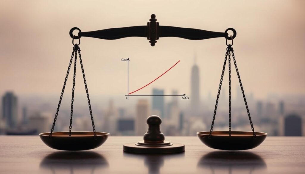 A thought-provoking visual representation of prospect theory, the influential model of decision-making under uncertainty. In the foreground, a set of balanced scales symbolizes the core concept of gains and losses, with one side heavier than the other to depict the asymmetric value function. The middle ground features a stylized graph showing the nonlinear relationship between objective and subjective values, a key tenet of prospect theory. In the background, a hazy cityscape or landscape sets the stage, evoking the real-world context in which people make choices. Soft, muted colors and gentle lighting create a contemplative atmosphere, inviting the viewer to ponder the psychological mechanisms underlying financial and economic decision-making.