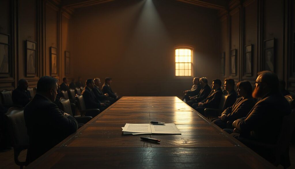 A vast, dimly lit room with a wooden table in the center. On the table, a stack of papers and a pen, symbolizing the exchange of information and obligations. Surrounding the table, shadowy figures seated in chairs, their faces obscured, suggesting the power dynamics at play. Warm, golden light filters in from a window, casting a soft glow on the scene, creating an atmosphere of contemplation and unspoken agreements. The perspective is slightly elevated, giving a sense of detachment and observation, as if the viewer is witnessing a critical moment in the negotiation process.