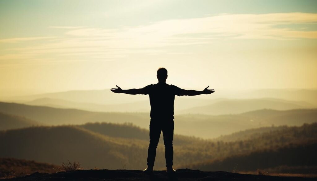 A vast, expansive landscape with rolling hills and a serene, tranquil sky. In the foreground, a striking silhouette of a person standing firm, their arms outstretched as if establishing clear boundaries. The figure's posture is confident, yet protective, radiating a sense of empowerment and self-assuredness. In the middle ground, a gentle, hazy forest, its trees representing the growth and nurturing that can occur within healthy boundaries. The background is bathed in a warm, golden light, creating a sense of comfort and security. The overall atmosphere is one of balance, resilience, and the reclamation of personal power.