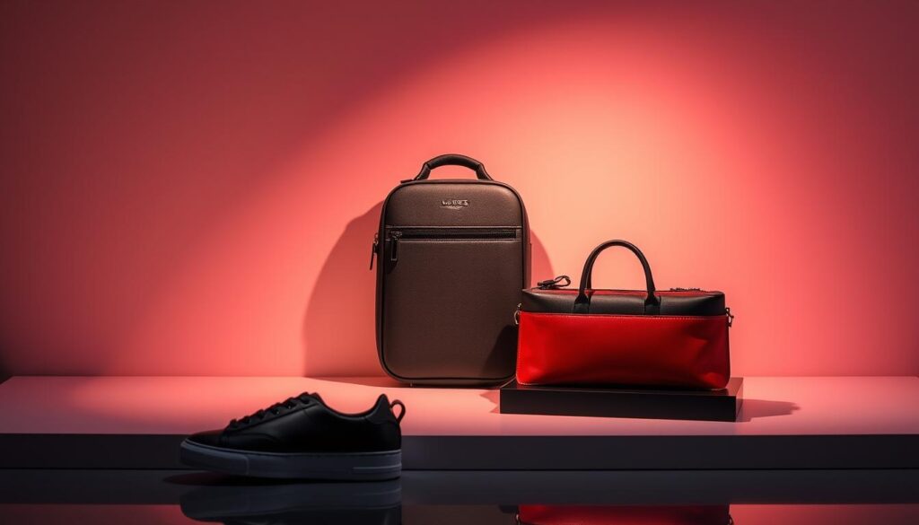 A vibrant and dynamic product display with two contrasting items, one high-priced and one low-priced, against a sleek and minimalist backdrop. The high-end item is prominently featured, illuminated by soft, directional lighting that casts dramatic shadows, while the budget-friendly option is subtly positioned in the foreground, creating a visual tension that highlights the pricing disparity. The overall scene conveys a sense of exclusivity and luxury, emphasizing the perceived value of the premium product through the use of strategic contrast.