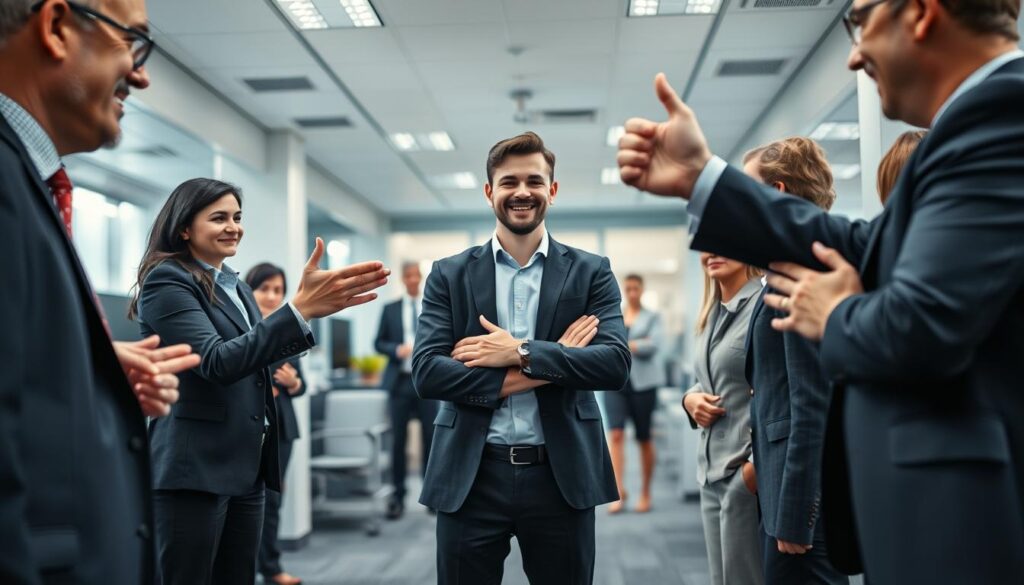 A well-lit office setting, with an employee standing confidently at the center, hands clasped, a small smile on their face. In the foreground, a manager leans in, an approving nod and an overly enthusiastic expression, conveying an insincere, manipulative praise. The middle ground features other workers, some with uneasy expressions, others nodding along, while the background reveals a sterile, corporate atmosphere, suggesting an environment rife with power dynamics and hidden agendas. Captured through a wide-angle lens, the scene evokes a sense of unease and the unsettling nature of praise as a tool of control in the workplace.