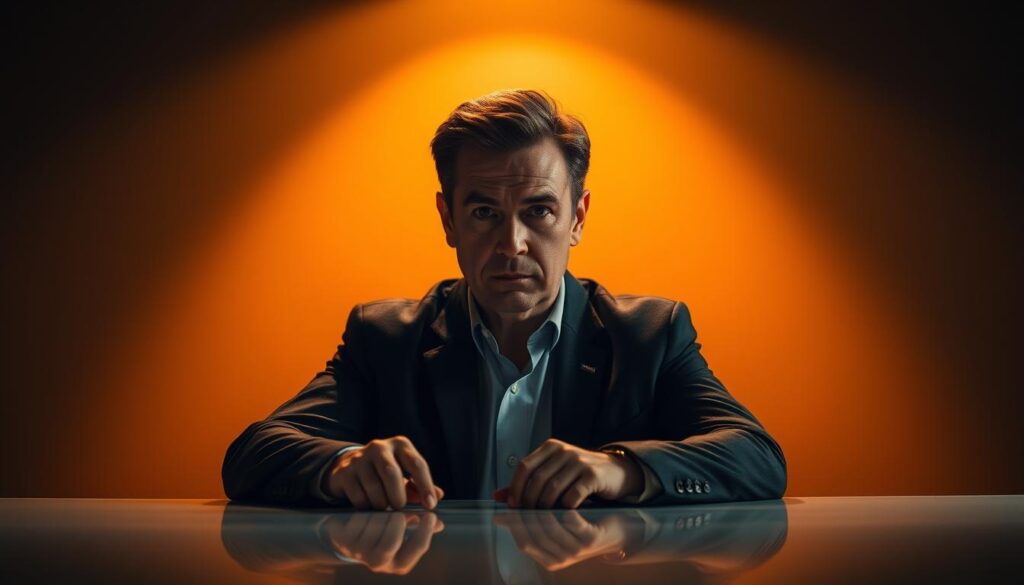 An authoritative-looking interviewer sits at a sleek, minimalist desk, illuminated by a warm, directional light source that casts dramatic shadows. Their gaze is focused, brow slightly furrowed, conveying a sense of control and evaluation. The background is blurred, creating a sense of depth and emphasis on the subject. The overall mood is one of subtle power dynamics, where the interviewer holds the position of assessment and judgment.