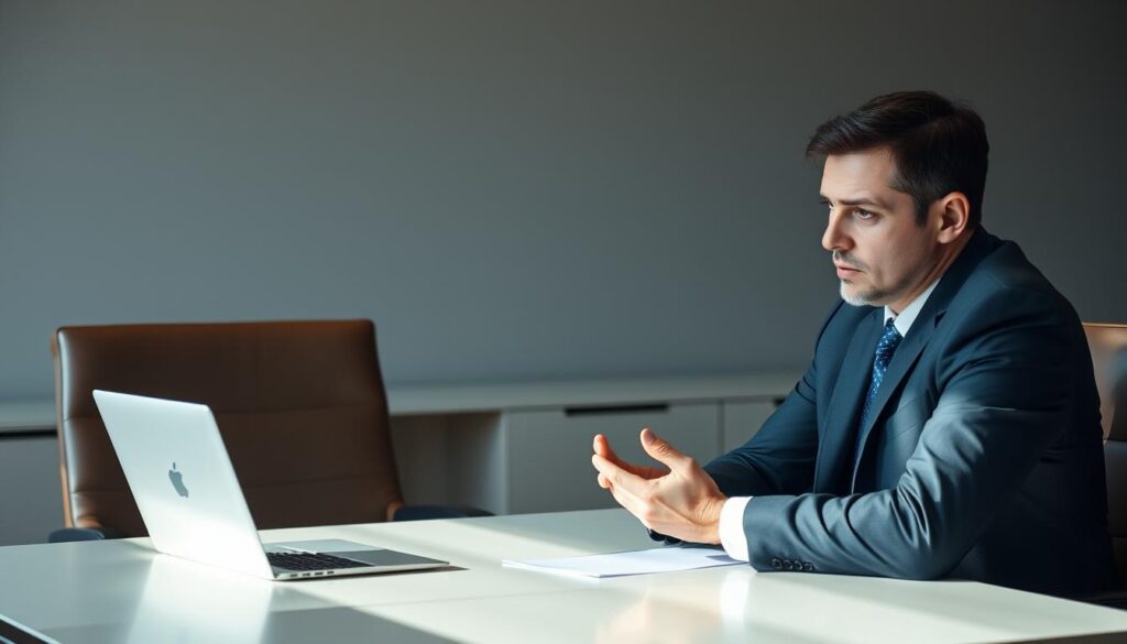 An executive-looking person, dressed in a sharp suit, sits across the table from an anxious-looking applicant. The room has a formal, corporate atmosphere, with a minimalist desk, leather chairs, and muted tones. The interviewer maintains a neutral, slightly probing expression, while the applicant fidgets nervously, anticipating the next question. Soft, directional lighting casts subtle shadows, heightening the tension in the scene. The composition is framed to emphasize the power dynamic and psychological unease of the job interview setting.