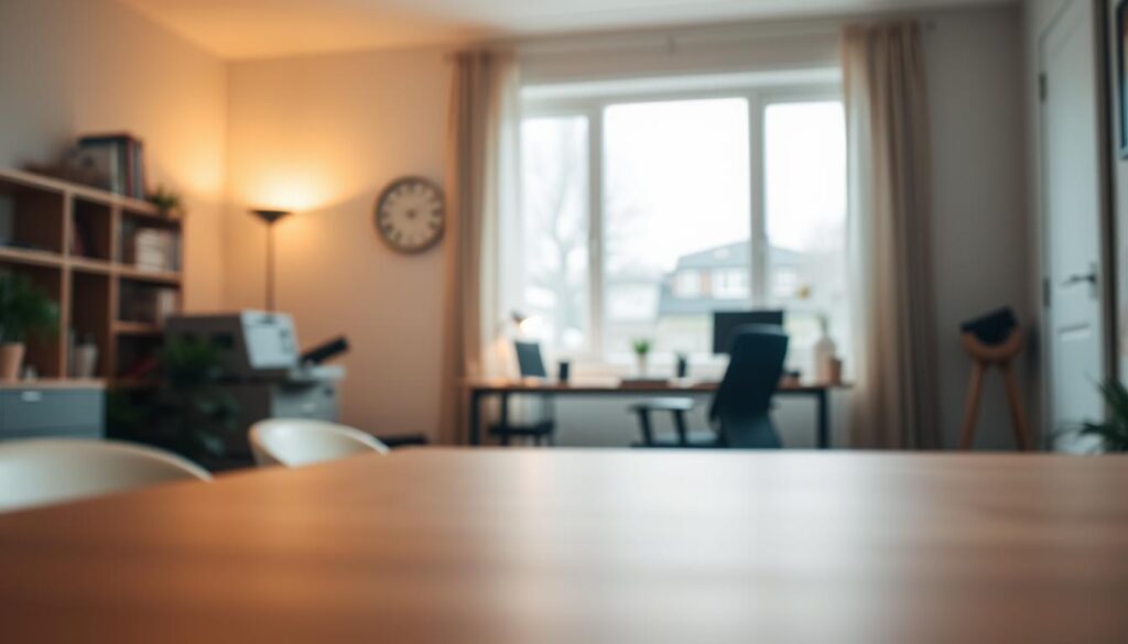 Boundaries eroded in a serene home office, a softly lit room with muted colors. In the foreground, a desk with blurred edges, suggesting a subtle push beyond its confines. The middle ground reveals a tidy workspace, yet the lines between work and personal life are beginning to blur. In the background, a window frames the outside world, hinting at the encroachment of external demands. Warm lighting casts a pensive mood, as the subtle manipulation of space and time creates a sense of unease. Balanced on the precipice between control and chaos, this image captures the fragile nature of boundaries in the remote work landscape.