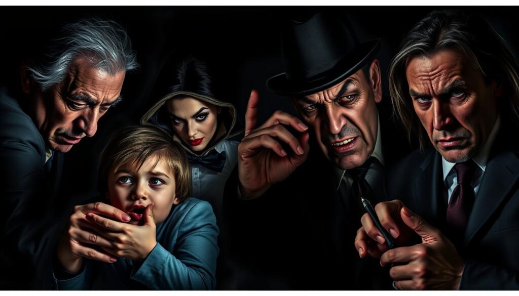 Four manipulative personality types depicted in a dramatic, noir-inspired scene: A controlling parent looming over a frightened child, a manipulative spouse coldly scheming, a tyrannical boss towering menacingly, and a vindictive ex-partner glaring vindictively. The subjects are rendered in a highly realistic, cinematic style with dramatic chiaroscuro lighting, deep shadows, and a moody, foreboding atmosphere. The composition is tightly framed, emphasizing the psychological intensity. The palette is muted, with pops of vivid color to draw the eye. The overall tone conveys the insidious, suffocating nature of emotional blackmail.