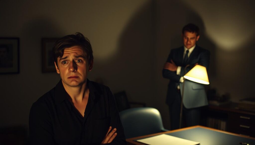 Gaslighting: a dimly lit office, shadows cast across the walls, a desk with a single flickering lamp casting an eerie glow. In the foreground, a person appears confused and uncertain, their expression of disbelief and self-doubt. In the background, a figure stands, arms crossed, a subtle smirk on their face, exuding an aura of manipulative control. The scene is captured with a vintage film-like aesthetic, emphasizing the vintage and psychological nature of this toxic workplace tactic.