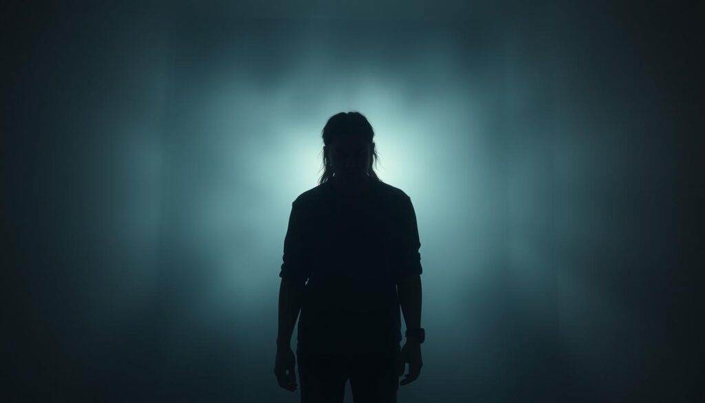 Prompt A surreal, unsettling scene of a person standing in a dimly lit room, their face distorted and shadowy, casting an ominous presence. The background is hazy and indistinct, creating a sense of disorientation and uncertainty. Dramatic lighting from an unseen source casts harsh shadows, emphasizing the manipulative and controlling nature of the subject. The room itself is sparse and bare, devoid of personal touches, reflecting the detached and impersonal nature of the gaslighting experience. The overall atmosphere is one of unease, confusion, and the gradual erosion of the victim's sense of reality.
