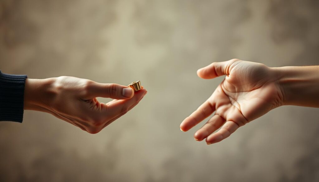 Reciprocal concessions depicted as two hands reaching across a divide, each offering a single object in a gesture of compromise. Soft, diffused lighting illuminates the hands in the foreground, while a blurred, dreamlike background suggests a neutral, contemplative space. The objects offered are simple, everyday items, symbolizing the small, incremental steps required to bridge a gap. Muted, earthy tones convey a sense of thoughtfulness and deliberation. The composition emphasizes the vulnerable, open-palmed pose of the hands, evoking the delicate nature of the negotiation process.