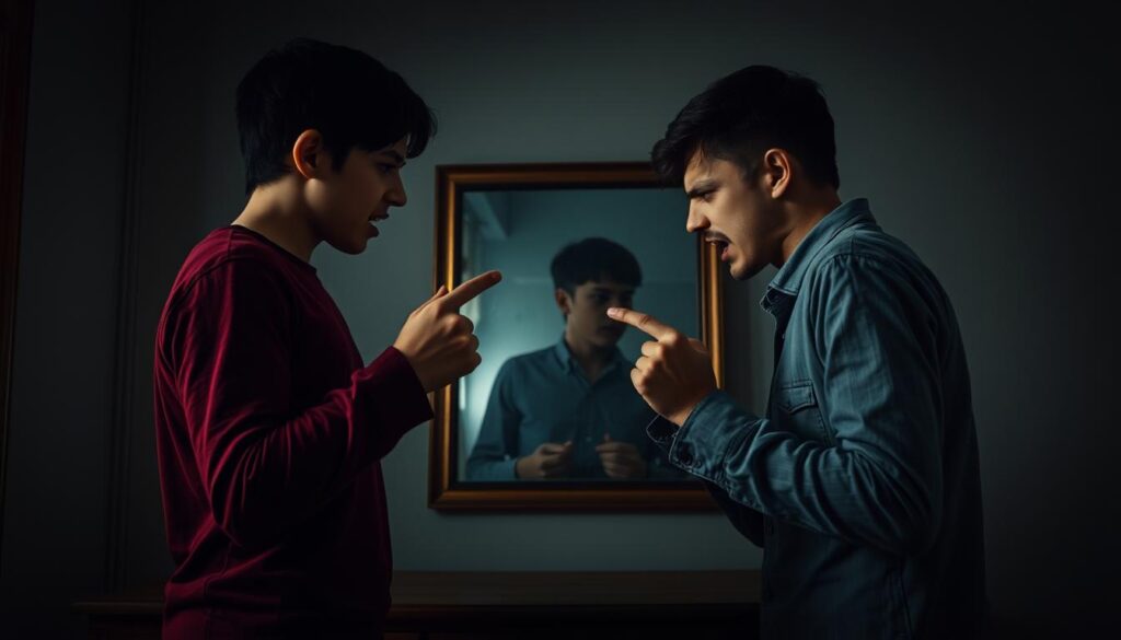 Siblings engaged in a heated confrontation, bodies tense and faces contorted with emotions. A dimly lit room casts ominous shadows, heightening the sense of tension and unease. In the foreground, two figures aggressively lean into each other, fingers pointed accusingly as they argue, their expressions a mix of anger, fear, and desperation. In the background, a hazy, distorted reflection in a mirror serves as a metaphor for the twisted, manipulative dynamics at play. The overall atmosphere is one of psychological warfare, where trust and love have been replaced by power struggles and control games.