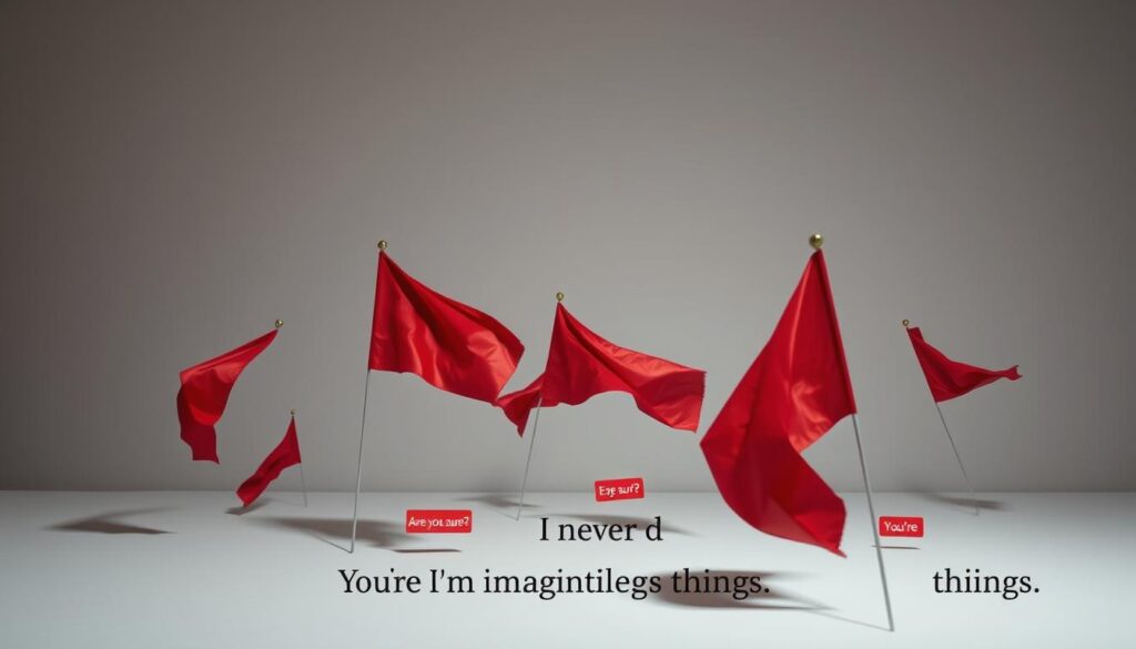 Unsettling red flags levitate against a stark, minimalist background, casting ominous shadows. A surreal, dreamlike atmosphere permeates the scene, hinting at the subtle ways reality can be distorted. Fragmented phrases, like "Are you sure?", "I never said that", and "You're imagining things", drift in the foreground, their ambiguous meanings adding to the sense of unease. The lighting is stark, creating deep contrasts and emphasizing the disquieting nature of the imagery. The camera angle is slightly skewed, further destabilizing the viewer's perception. An eerie, otherworldly quality pervades the composition, reflecting the insidious nature of gaslighting.