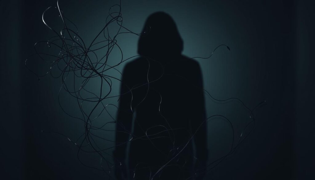 A brooding, shadowy figure stands in the center, their face partially obscured, exuding an air of calculated manipulation. In the foreground, a tangled web of emotions - passion, deception, and emotional withdrawal - manifests as wispy, ephemeral tendrils. The background is a dimly lit, minimalist setting, with muted tones and a sense of isolation, reflecting the narcissist's detachment from genuine connection. Dramatic chiaroscuro lighting casts sharp contrasts, emphasizing the subject's enigmatic and controlling nature. The overall atmosphere is one of psychological tension, hinting at the complex and harmful dynamics of a narcissistic relationship.