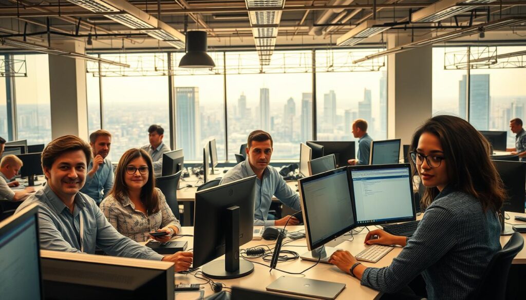 A bustling office environment, filled with resilience and adaptability. In the foreground, a team of professionals collaborate seamlessly, their expressions calm and focused. Desks are adorned with sleek technology, cables and monitors weaving a tapestry of interconnectivity. The middle ground reveals a spacious, well-lit workspace, with wide windows offering a panoramic view of a vibrant city skyline. In the background, a series of interconnected systems and procedures unfold, creating a sense of organizational stability and efficiency. The lighting is warm, casting a halo of productivity and determination. The composition is balanced, conveying a sense of harmony between the social, material, and procedural elements that define organizational resilience.