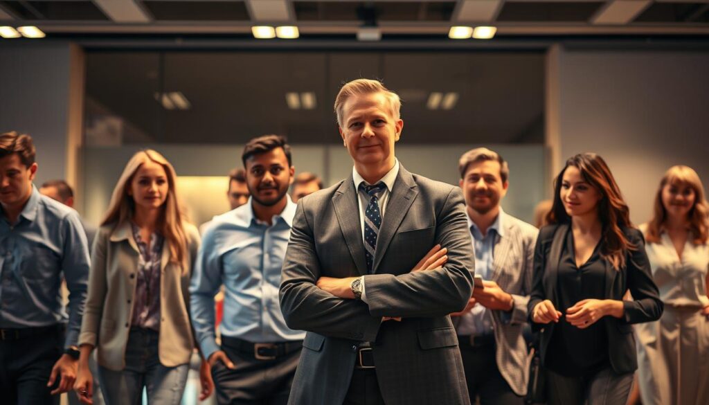 A bustling office scene with a central figure representing management, surrounded by a team of employees in a collaborative, yet structured environment. The manager stands poised, emanating confidence and authority, while the employees move with a sense of purpose, their faces expressing a mix of focus and trust. Soft, warm lighting illuminates the space, creating an atmosphere of familiarity and trust. The background features subtle, geometric patterns suggesting the intricacies of organizational systems, while the overall composition conveys a sense of applied social dynamics at play.