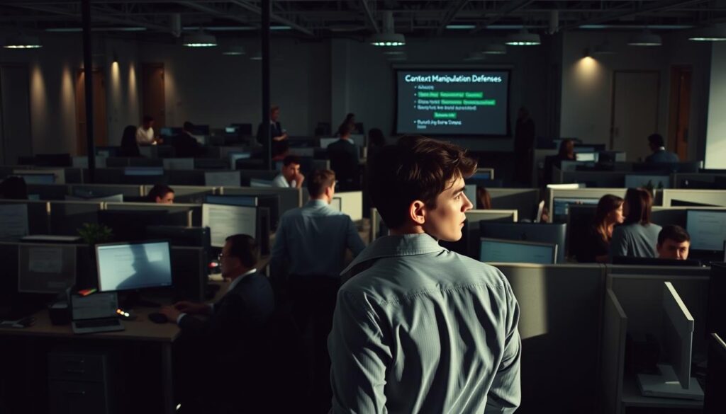 A bustling office setting, with workers navigating the complexities of professional relationships. In the foreground, two colleagues engage in a tense discussion, their body language and facial expressions conveying a sense of unease. Surrounding them, desks and cubicles create a maze-like environment, subtly suggesting the challenges of maintaining context and perspective. Soft, diffused lighting casts shadows, creating an atmosphere of uncertainty and the need for vigilance. The middle ground features a team meeting, where participants carefully consider the implications of their words and actions, mindful of the broader context. In the background, a conference room showcases a presentation on "Context Manipulation Defenses," underscoring the importance of understanding how context can be leveraged to influence and mislead. The overall scene conveys the delicate balance between professional obligations, personal dynamics, and the necessity of maintaining clear, unbiased perspectives.