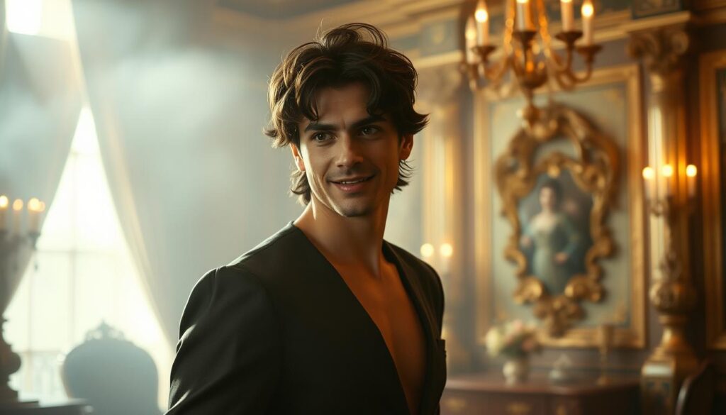 A captivating scene of seductive flattery unfolds. In the foreground, a figure stands, their gaze captivating and alluring, offering lavish praise with a charming smile. The middle ground reveals an opulent setting, rich in textures and ornate details, creating a sense of grandeur and indulgence. In the background, a soft, dreamlike atmosphere envelops the scene, with muted lighting and a hazy, ethereal quality, evoking the power of persuasion and the intoxicating nature of flattery. The overall composition conveys the irresistible allure of praise, drawing the viewer into the seductive dance of flattery.