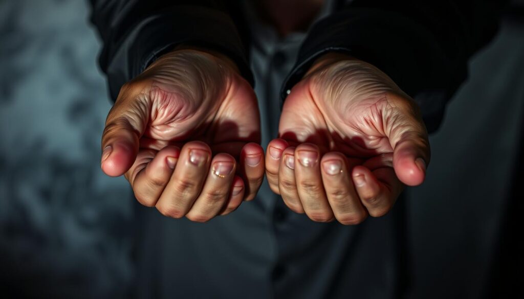 A claustrophobic close-up of a pair of hands, palms facing inward, fingers twitching anxiously. The skin is flushed, veins visible, as if the subject is experiencing heightened emotions. Behind the hands, a blurred background of muted greys and blues, creating a sense of tension and uncertainty. Dramatic side lighting casts stark shadows, accentuating the tense, unsettled mood. The overall composition suggests a narrative of manipulation, deception, and the need to over-explain in order to conceal the truth.