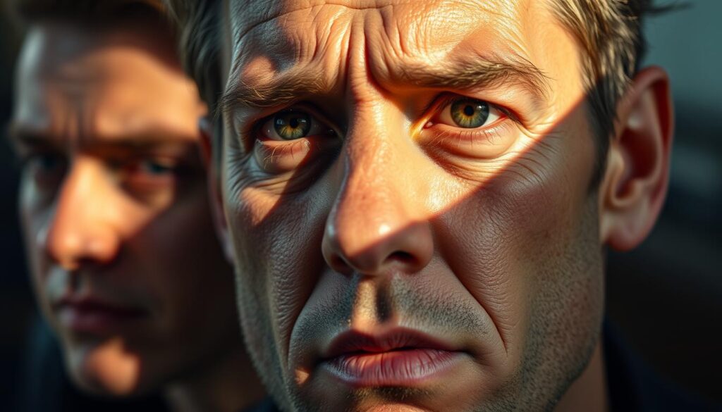 A close-up, high-resolution, hyper-realistic image of a human face, featuring a sequence of subtle, fleeting microexpressions. The face is illuminated by a soft, natural sidelight, casting deep shadows that accentuate the minute changes in the eyes, brows, and lips. The skin texture is meticulously detailed, capturing pores, wrinkles, and the faintest muscle twitches. The subject's gaze is intense, conveying a range of emotions - from brief flashes of doubt and uncertainty to momentary sparks of insight and revelation. The image is captured with a shallow depth of field, keeping the central features in sharp focus while the background blurs into a soft, dreamlike ambiance, allowing the viewer to focus solely on the captivating microexpressive details.