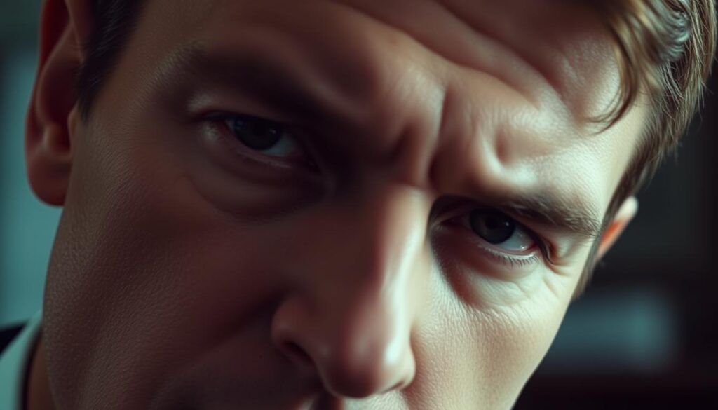A close-up portrait of a human face with a pensive, slightly furrowed brow, the eyes slightly narrowed in deep concentration. The lighting is soft and directional, creating dramatic shadows that accentuate the contours of the face. The background is blurred and indistinct, putting the focus entirely on the subject's expression. The mood is one of intense focus and contemplation, with a sense of the subject being deeply absorbed in a particular line of thought or analysis. The overall effect should convey the idea of "attention" - a state of heightened awareness and focused mental engagement.