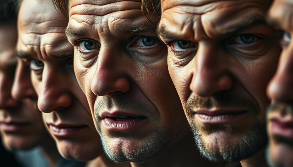 A close-up portrait of multiple human faces, each exhibiting distinct emotional expressions. The faces are captured in high resolution, with a focus on the subtle microexpressions and nuanced details of the eyes, eyebrows, lips, and muscles. The lighting is natural and soft, creating a sense of depth and dimension. The background is blurred, drawing the viewer's attention to the intricate facial details. The overall mood is one of contemplation and psychological insight, inviting the viewer to study the faces and uncover the underlying emotions and potential deceptions.