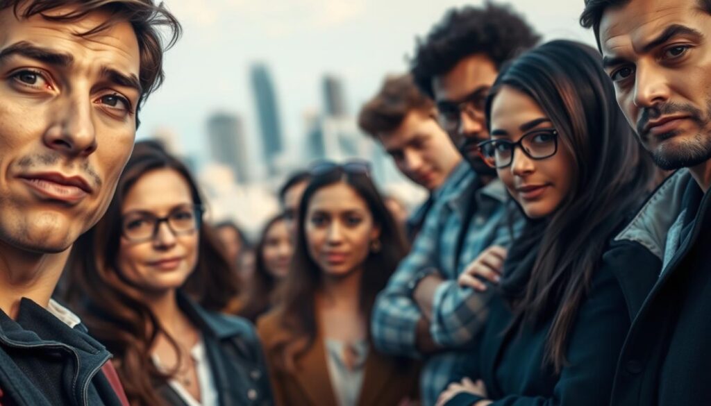 A close-up view of a diverse group of people, their faces expressing a range of emotions from trust to suspicion. The foreground features an individual looking earnestly at the viewer, their gaze conveying a sense of openness and inclusion. The middle ground showcases a mix of individuals, some leaning in with curiosity, others standing back with arms crossed, creating an atmosphere of cautious acceptance. In the background, a blurred cityscape sets the scene, hinting at the broader social context. The lighting is soft and natural, creating a warm, introspective mood that invites the viewer to contemplate the dynamics of in-group and out-group thinking.