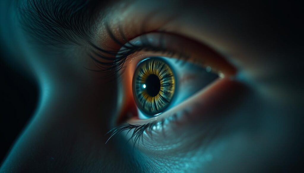 A close-up view of a human eye, its iris piercing with laser-like focus. The eye is set against a dimly lit, blurred background, creating a sense of intensity and clarity. Soft, dramatic lighting casts shadows that accentuate the eye's contours, drawing the viewer's attention to the center of the frame. The lens is sharp, capturing every detail, from the intricate patterns in the iris to the slight glimmer of reflected light. The overall mood is one of heightened awareness, a state of vigilant observation, perfectly conveying the idea of "attention" and the need to "spot and neutralize manipulative open loops".