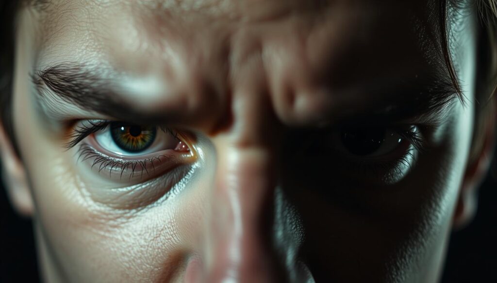 A close-up view of a pair of intense, piercing eyes locked in a captivating gaze. The irises are dark and intense, with a subtle glint of manipulation. Shadows creep along the orbital bones, creating a sense of mystery and control. The eyelids are narrowed, lending an air of scrutiny and calculation. The surrounding facial features are blurred, keeping the focus solely on the eyes as the primary tools of psychological influence. Dramatic lighting casts dramatic shadows, heightening the sense of tension and unease. The overall atmosphere is one of psychological tension, where the eyes seem to peer into the soul, searching for weaknesses to exploit.