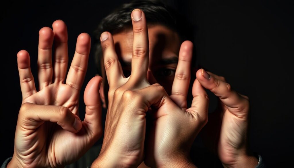 A close-up view of three hands making the "see no evil, hear no evil, speak no evil" hand gestures. The hands are positioned in front of the face, with the thumb and index finger forming circles over the eyes, ears, and mouth respectively. The skin tones are realistic, with subtle variations in shading and texture. The hands are lit from an overhead source, creating dramatic shadows that emphasize the shapes and forms. The background is blurred, keeping the focus on the expressive hand movements that convey a sense of deception or concealment. The overall mood is pensive and contemplative, hinting at the underlying themes of the article.