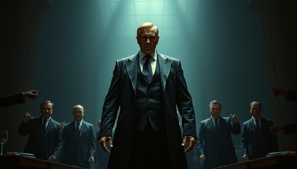 A commanding figure stands tall, their presence radiating power and influence. Shadowy figures flank them, pulling strings in the background. The scene is bathed in a harsh, dramatic lighting, creating a sense of tension and control. The focal point is the central figure, whose gaze is unwavering, conveying a steely determination. The environment is stark, with a minimalist aesthetic that emphasizes the subjects' dominance. Hints of opulence and wealth suggest the trappings of authority, while the overall mood is one of unease and uncompromising authority.