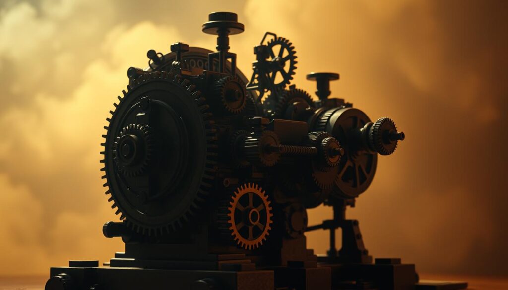 A complex mechanical construct, the bias engine stands as a metaphorical centerpiece. Gears and cogs intertwine, driven by an unseen power source. The engine's design is intricate, with a sense of hidden mechanisms and a labyrinth of interconnected parts. Warm lighting casts shadows, creating an ominous atmosphere, as if the engine's true purpose is shrouded in mystery. The foreground is detailed and tactile, while the background fades into a hazy, dreamlike realm, emphasizing the engine's centrality and the viewer's focus on its inner workings. This image evokes the notion of a self-perpetuating system, where biases are amplified and reinforced, alluding to the dangerous mix of confirmation bias and manipulation.