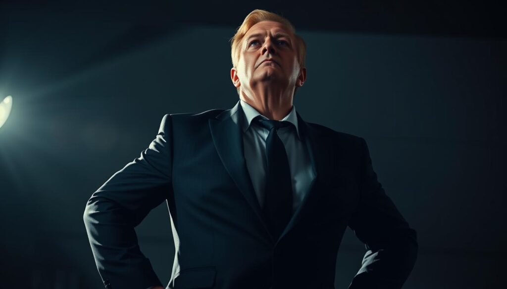 A confident, authoritative figure stands in a commanding pose, shoulders back, chin tilted upward, radiating an aura of power and control. Dramatic lighting from the side casts sharp shadows, accentuating the subject's angular features and steely gaze, which seem to bore into the viewer. The background is blurred, keeping the focus on the dominant body language and nonverbal cues that broadcast dominance and authority. The scene has a cinematic, high-contrast aesthetic, with a moody, tense atmosphere that reflects the theme of manipulative power dynamics.