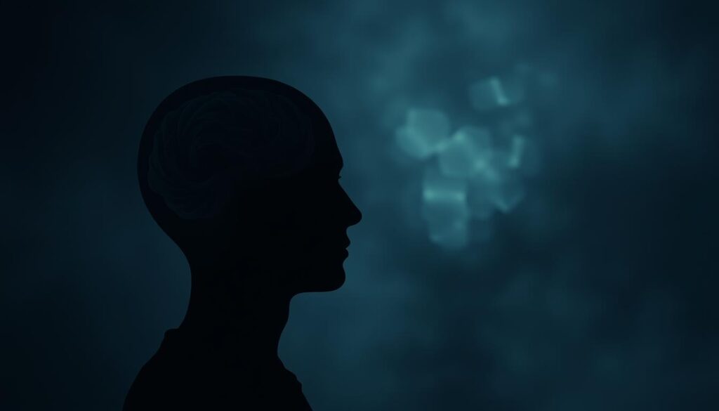 A contemplative psychology concept with a subtle, introspective atmosphere. In the foreground, an abstract human head silhouette in muted tones, the mind's inner workings represented by a swirling, ethereal psychedelic pattern. In the middle ground, ghostly whispers and echoes of disembodied voices, symbolizing the intangible nature of rumors and social influence. The background is a dimly lit, dreamlike setting with a deep, moody color palette, evoking a sense of mystery and the subconscious. Soft, diffused lighting casts a pensive, introspective glow over the entire scene.
